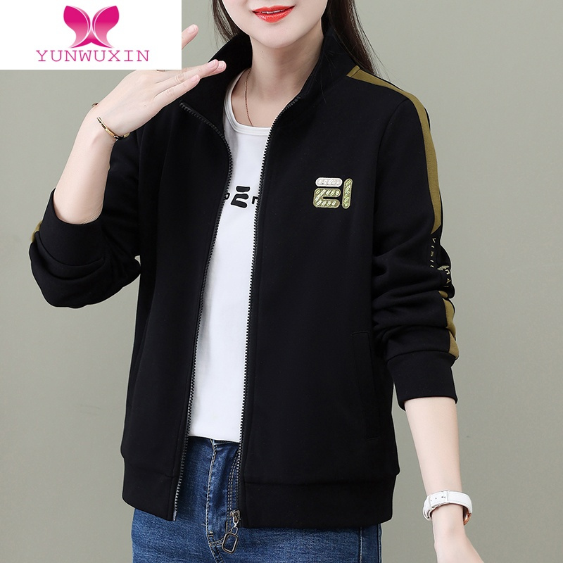 YUNWUXIN拉链开衫卫衣女薄款2022年新款秋季女装黑色上衣立领女士外套