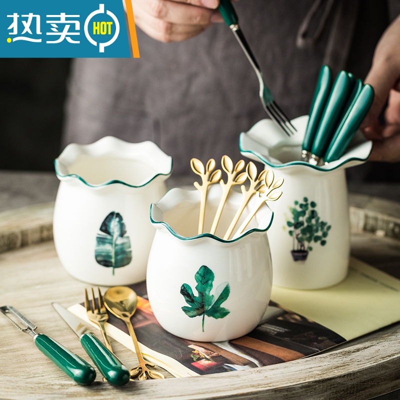 敬平水果叉套装创意可爱不锈钢水果叉子ins北欧点心叉清新小叉子果签 鼓型尤加利+4树叶叉2勺高清大图