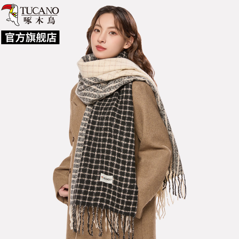 啄木鸟2024冬新款双面棕色格子围巾女保暖高级感韩版加厚保暖围面高清大图