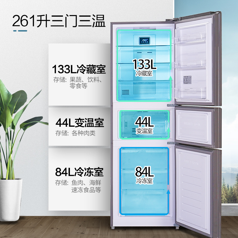 新飞(frestec)三重除菌261升变频无霜干湿分储三门冰箱BCD-261WG3A星锦银高清大图