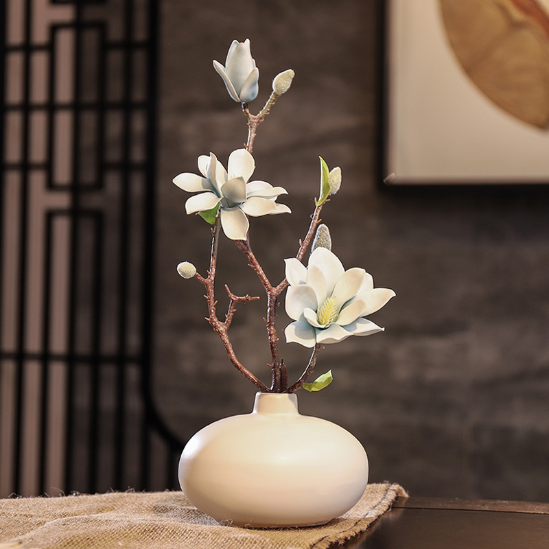黑白灰陶瓷花瓶假花摆件家居装饰品现代客厅仿真典雅玉兰花摆设收纳袋 三维工匠 套装六