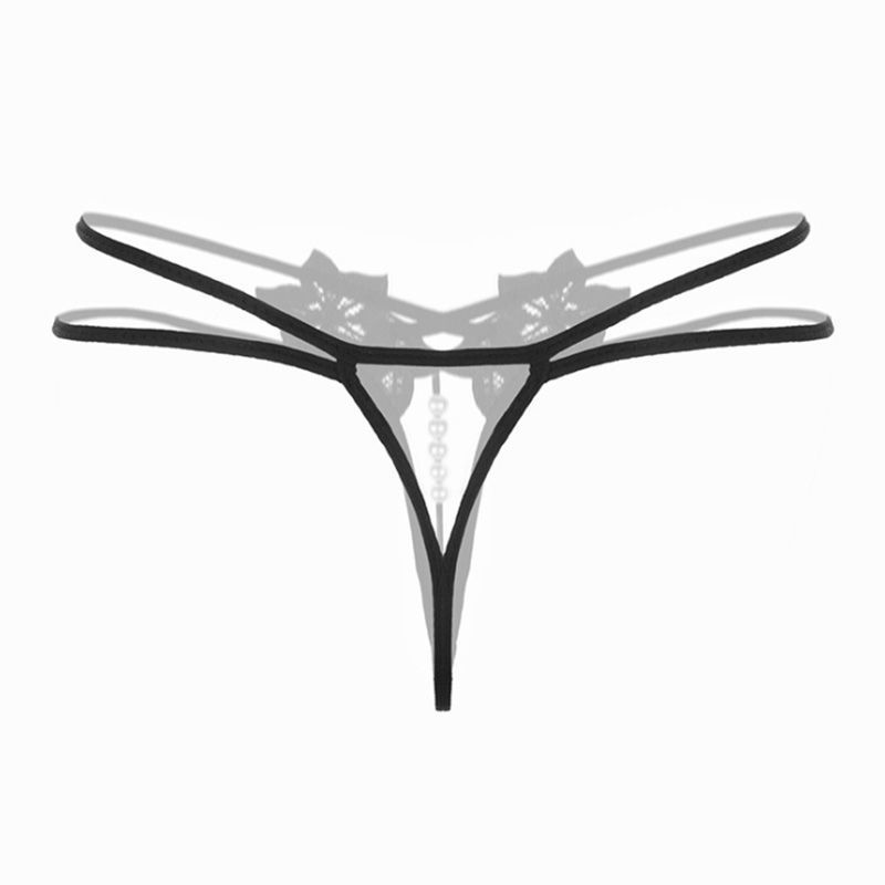 性感情趣内裤女刺绣丁字裤情趣珍珠按摩透明开档免脱有货火辣t裤黑色