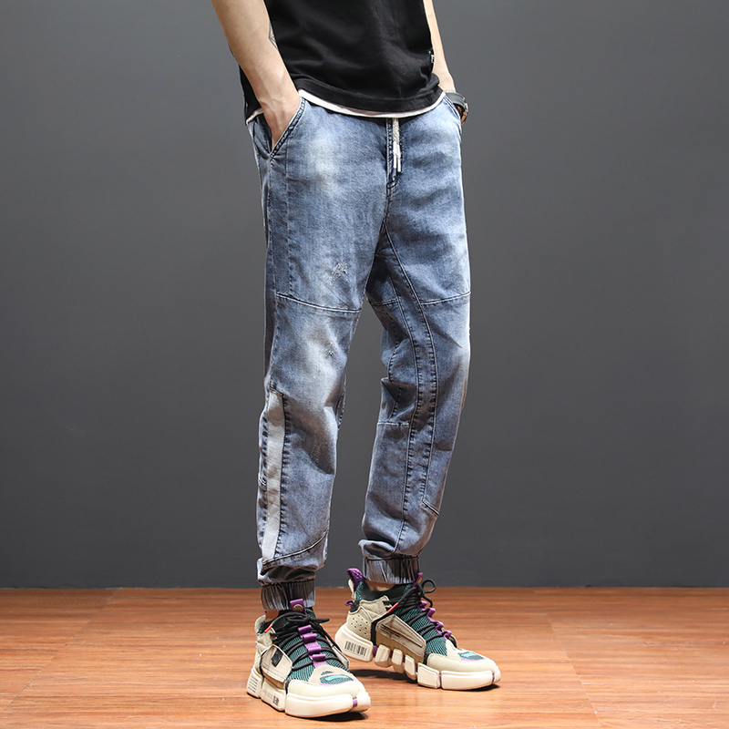 yuansu抽绳牛仔裤男松紧潮牌束脚裤男弹力宽松小脚男裤大码男士哈伦裤