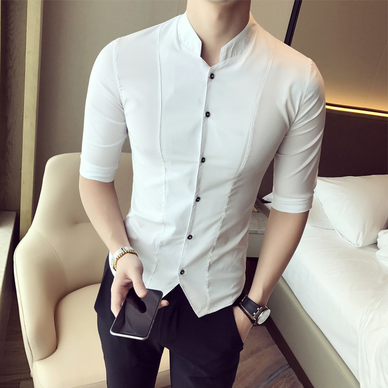 免烫立领美店职业装工作制服男士衬衫中袖中袖半袖七分袖衬衣