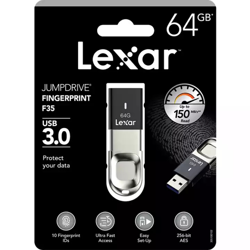 [免邮]雷克沙(Lexar)F35 64GB U盘 读150MB/s指纹加密闪存盘USB3.0 电脑灰色优盘