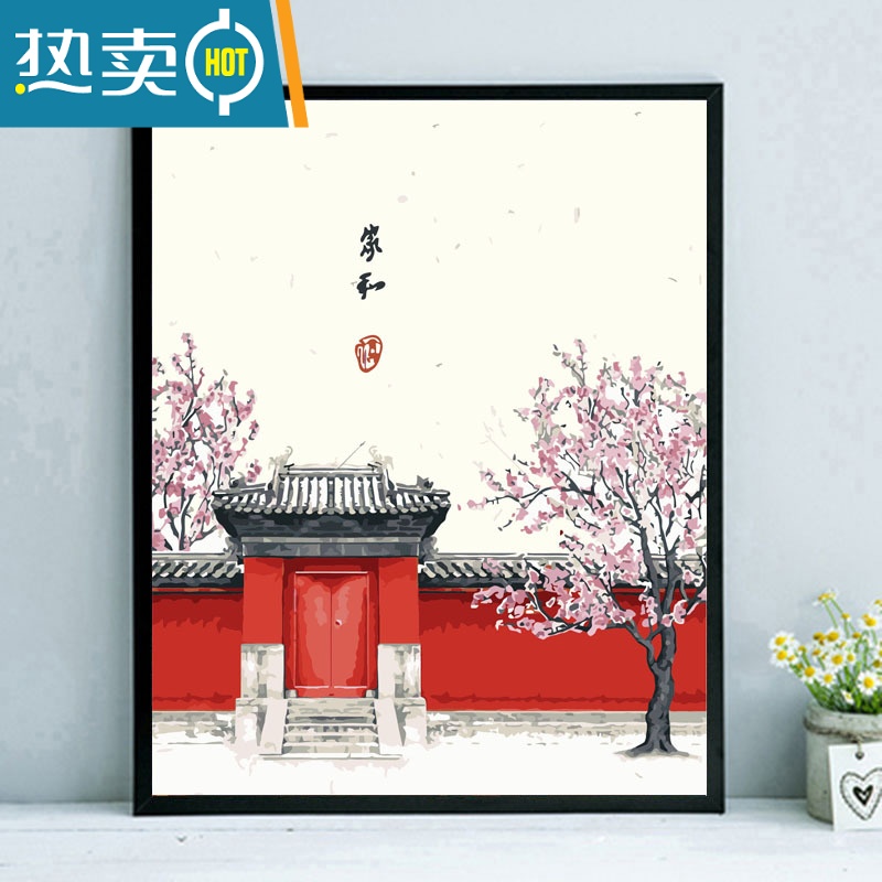 敬平diy手绘日式茶屋油彩画减压涂色数码画客厅风景装饰挂画装饰画高清大图