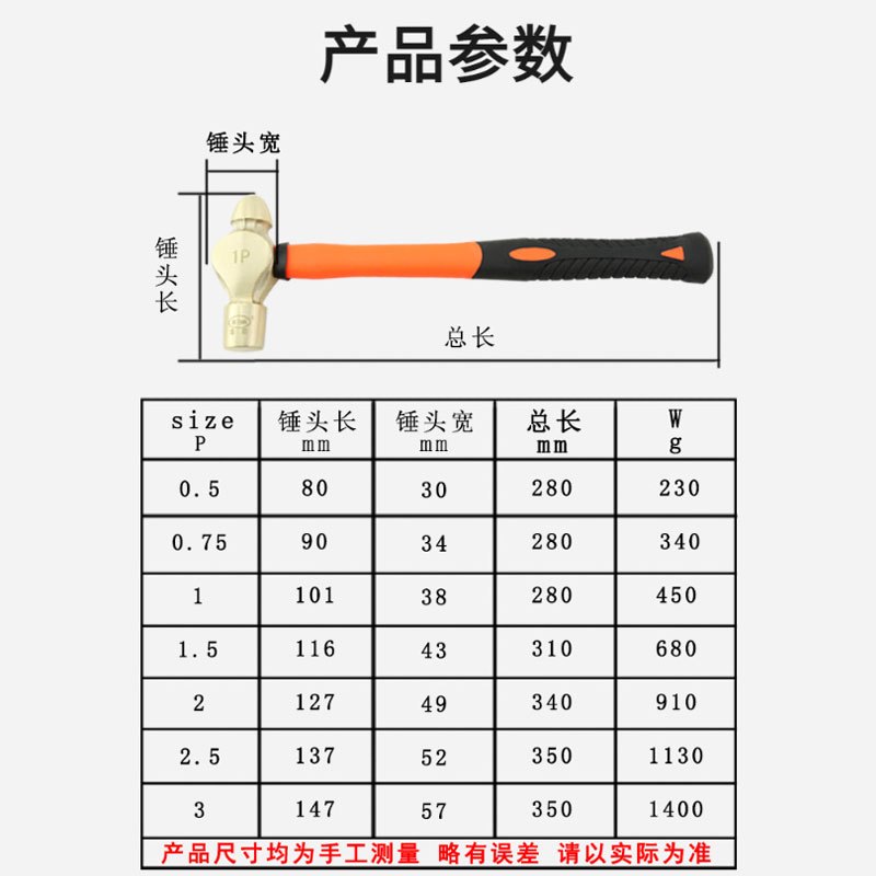 渤防(bofang)1403 防爆锤铜制圆头锤榔头无火花 橡胶柄