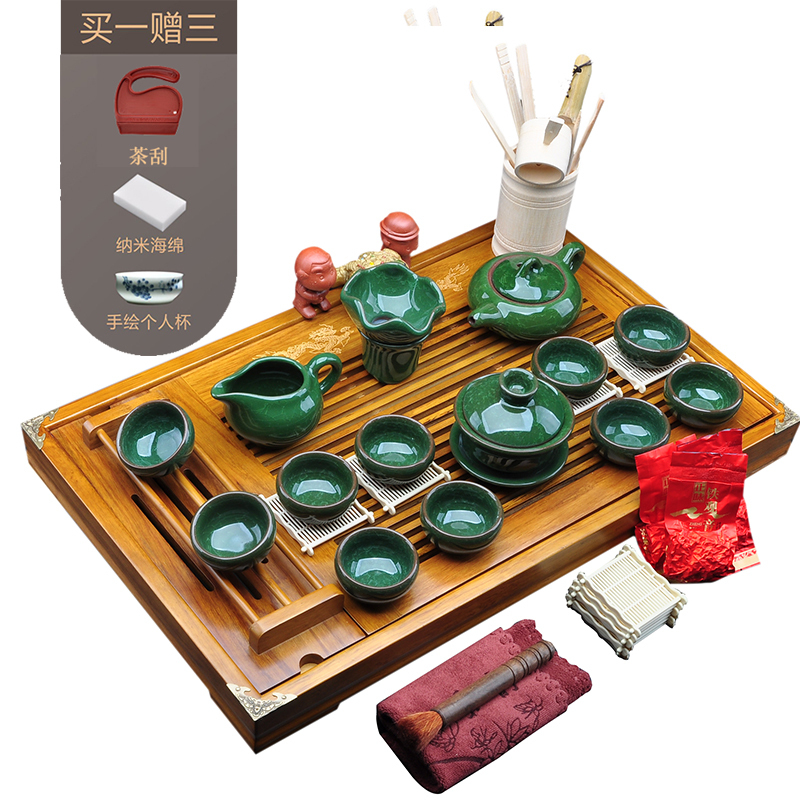 唐宏坊 双龙戏珠茶具套装 整套茶具 实木茶盘 茶具 冰裂 整套功夫茶具套装
