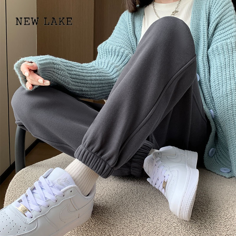 new lake运动裤女裤子季加绒2023新款宽松黑色休闲小个子美式束脚卫裤