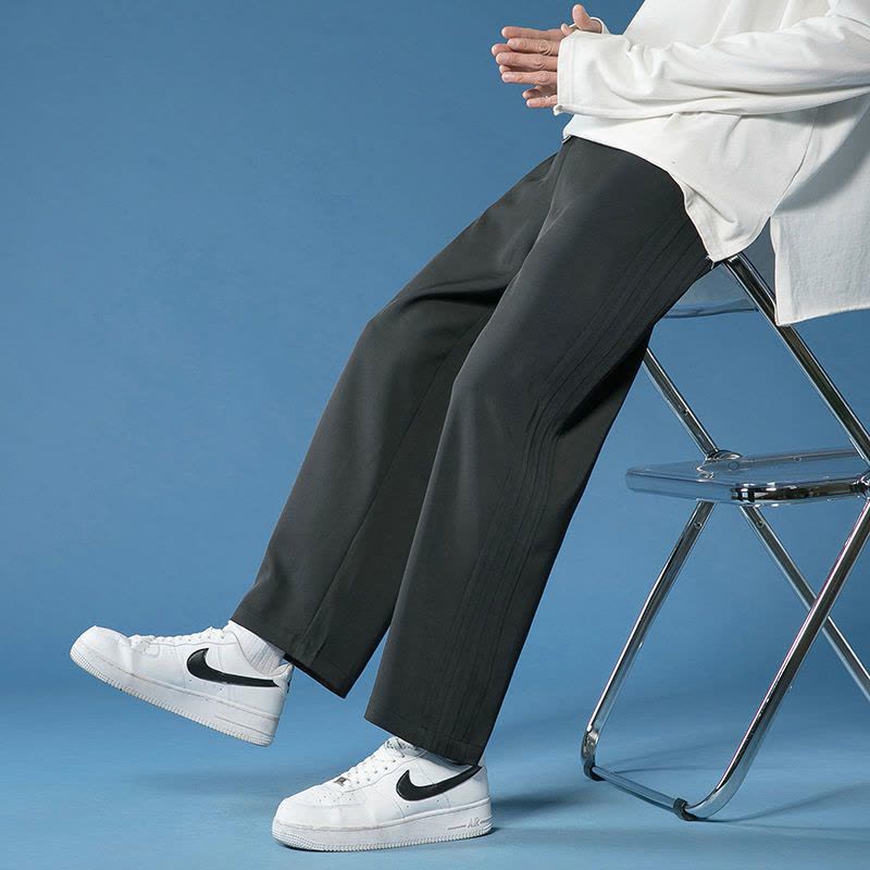 真维斯夏季新款裤子男韩版简约百搭垂感阔腿裤冰丝直筒九分裤西裤图片
