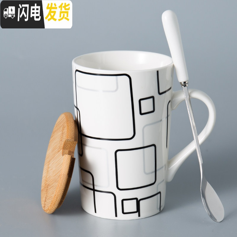 三维工匠创意陶瓷杯子简约水杯家用大容量马克杯带盖勺个性潮流咖啡杯茶杯 布拉格恋人(竹盖+勺)