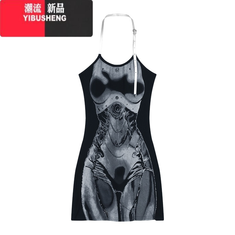 YIBUSHENG辣妹印花白色挂脖吊带连衣裙女季修身露背短裙收腰显瘦包臀裙子