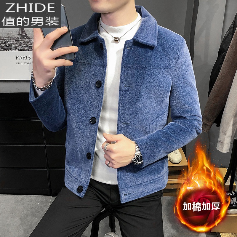SUNTEK风衣男短款冬季仿貂绒翻领夹克青年加厚毛呢外套男修身帅气呢大衣风衣高清大图