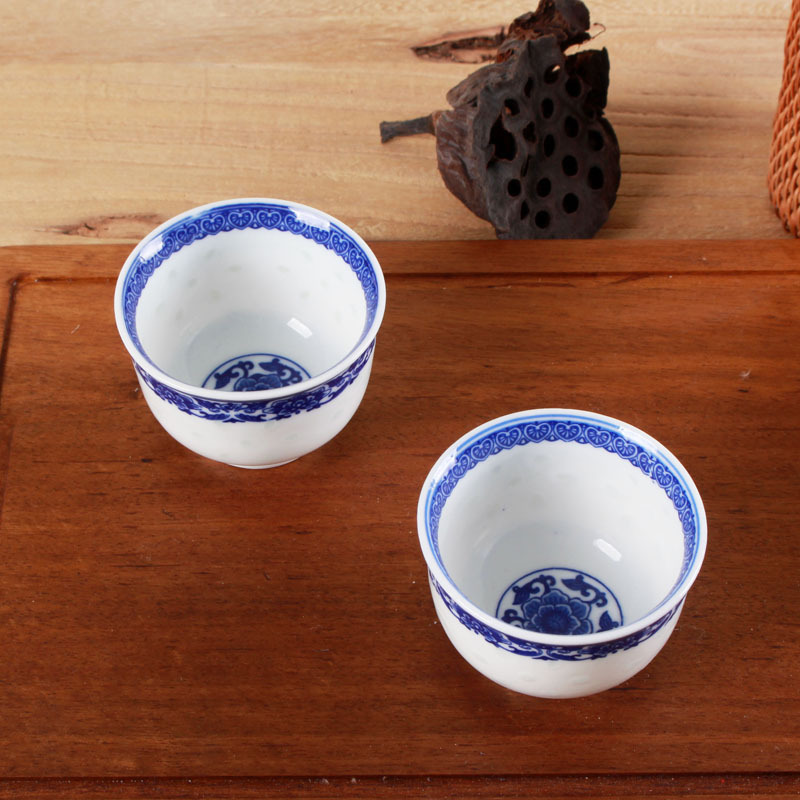 LICHEN 景德镇青花玲珑瓷牡丹花茶杯 通透陶瓷釉下彩茶杯子 100ml容量