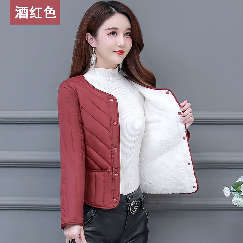 秋冬羽绒棉服女短款内胆2021新款小棉袄加绒加厚妈妈装中老年外套 酒红色 加绒 M 建议80-95斤