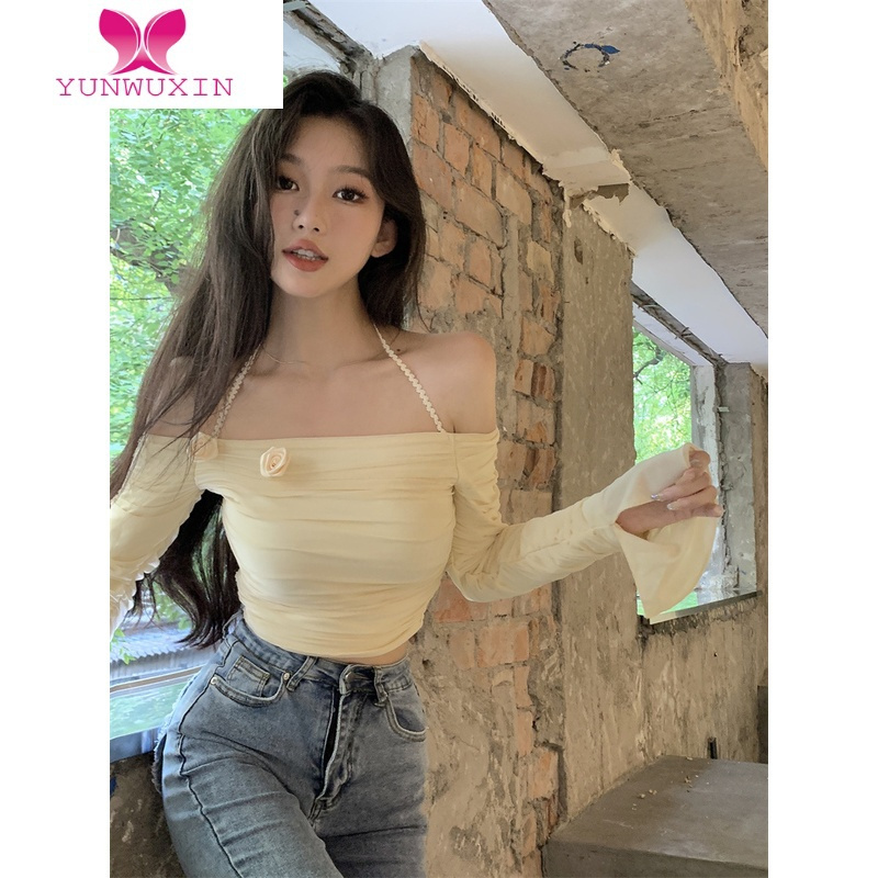 YUNWUXIN一字肩挂脖T恤女装早秋chic甜辣妹性感长袖紧身显瘦短款玫瑰上衣