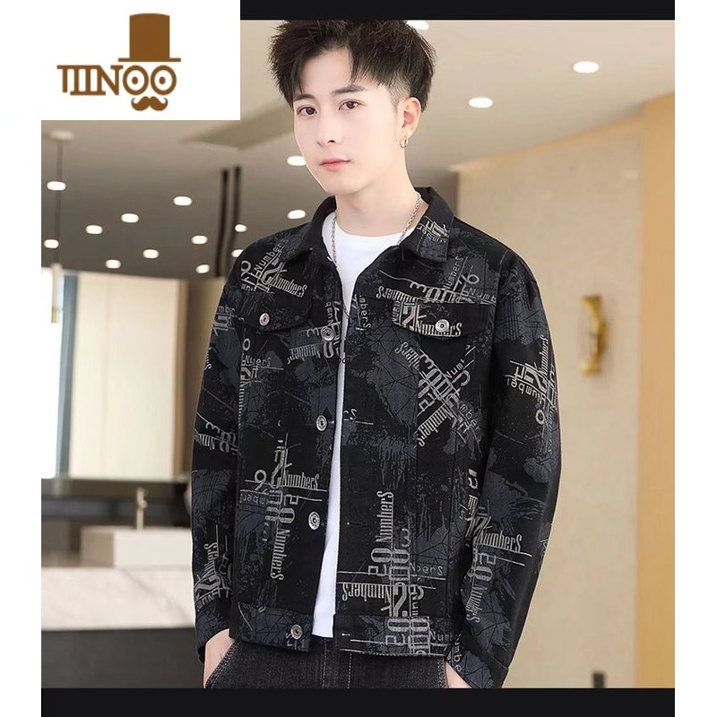 YANXU2023秋季字母印花牛仔外套男士潮牌宽松百搭韩版翻领夹克休闲上衣高清大图