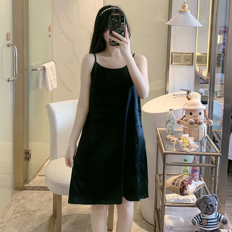 吊带睡衣裙冰丝性感可拆带胸垫女夏季套蕾丝斑马纹豹纹小雏菊新款 QDM牛奶丝0088 M码[建议80-100斤]