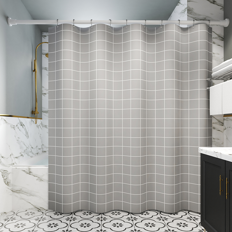 浴帘套装免打孔浴室洗澡闪电客布磁性淋浴卫生间隔断帘浴帘杆挡水条
