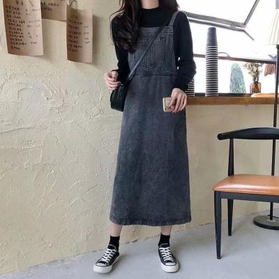 元气满满oversize中长款连衣裙女秋冬高级复古宽松显瘦牛仔背带裙 黑色 S 建议85-100斤