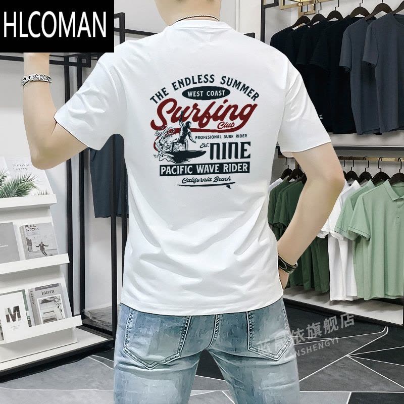 HLCOMAN欧洲站夏季短袖男2024年新款潮流印花T恤上衣修身体恤衫白色图片