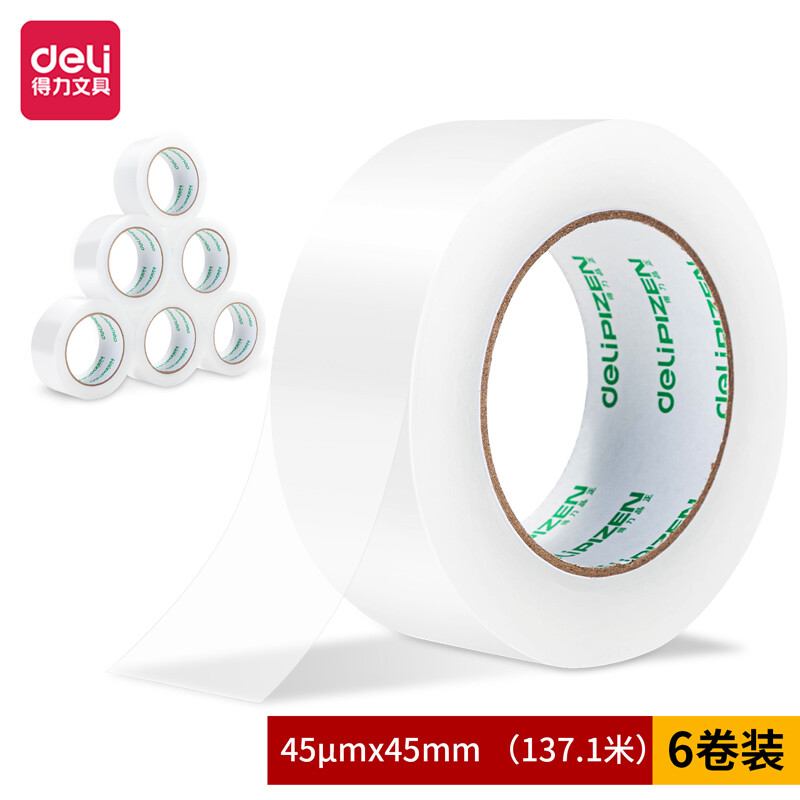 得力(deli)30903高品质透明封箱胶带45mm*150y*45um(6卷/筒装)高清大图