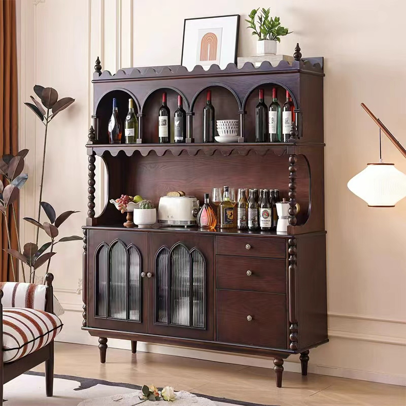 复古实木餐边柜餐厅一体靠墙柜储物柜客厅茶水柜中古风酒柜收纳柜高清大图