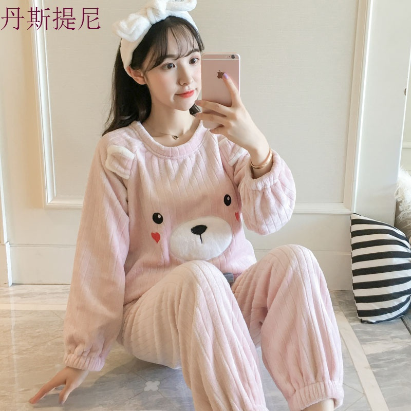 睡衣女秋冬季珊瑚绒加厚韩版清新甜美可爱学生法兰绒家居服女套装