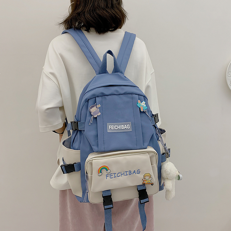 森系高颜值书包女初中生少女背包日系ins高中大学生学院风双肩包蓝色