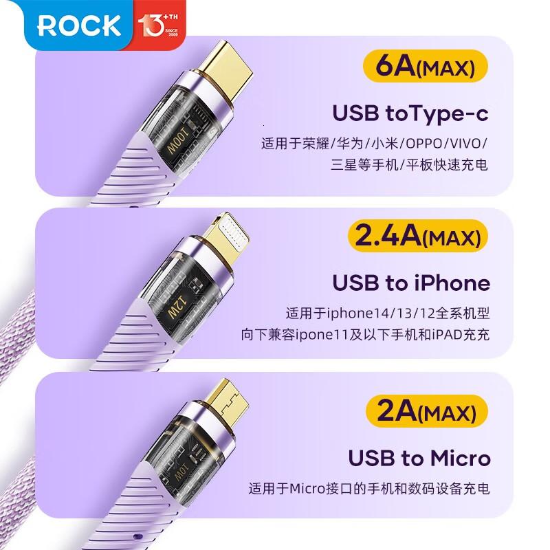 ROCK 一拖三透明快充数据线1.5m高清大图