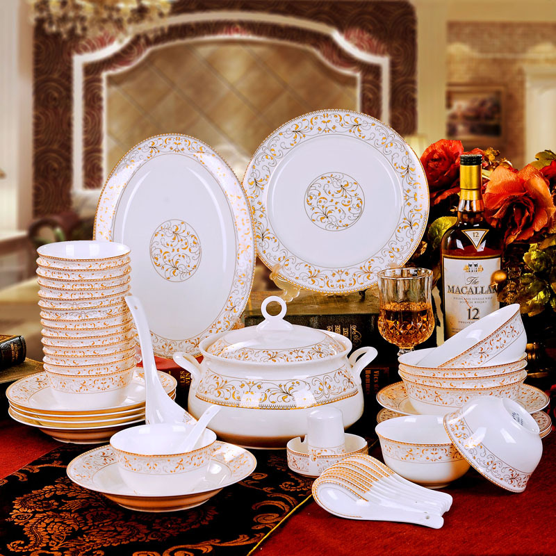 陶瓷餐具2856头骨瓷餐具碗盘碟套装欧式送礼品金边餐具