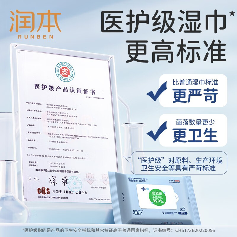 润本(RUNBEN)酒精消毒湿巾 湿纸巾酒精棉片家用大包装 卫生酒精湿巾20抽/包高清大图