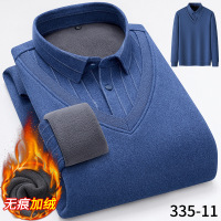 秋冬新款男士无痕衬衣假两件保暖长袖衬衫加绒保暖内衣潮_982 XL 11深蓝宽条