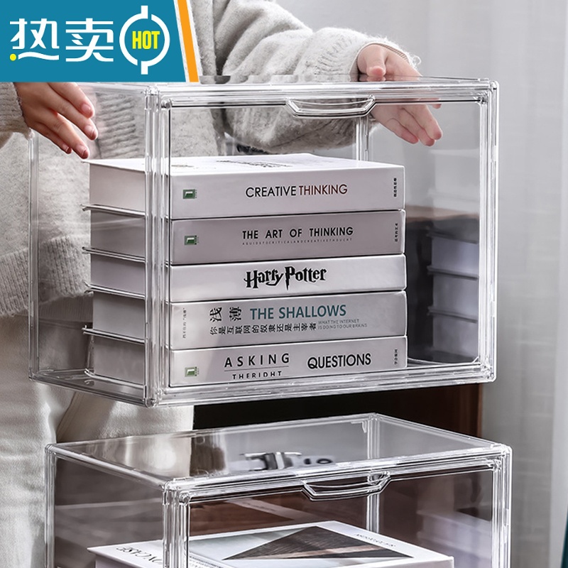 XIANCAI学生书本收纳箱可叠加透明防尘桌面宝宝绘本装书储物透明整理盒生高清大图