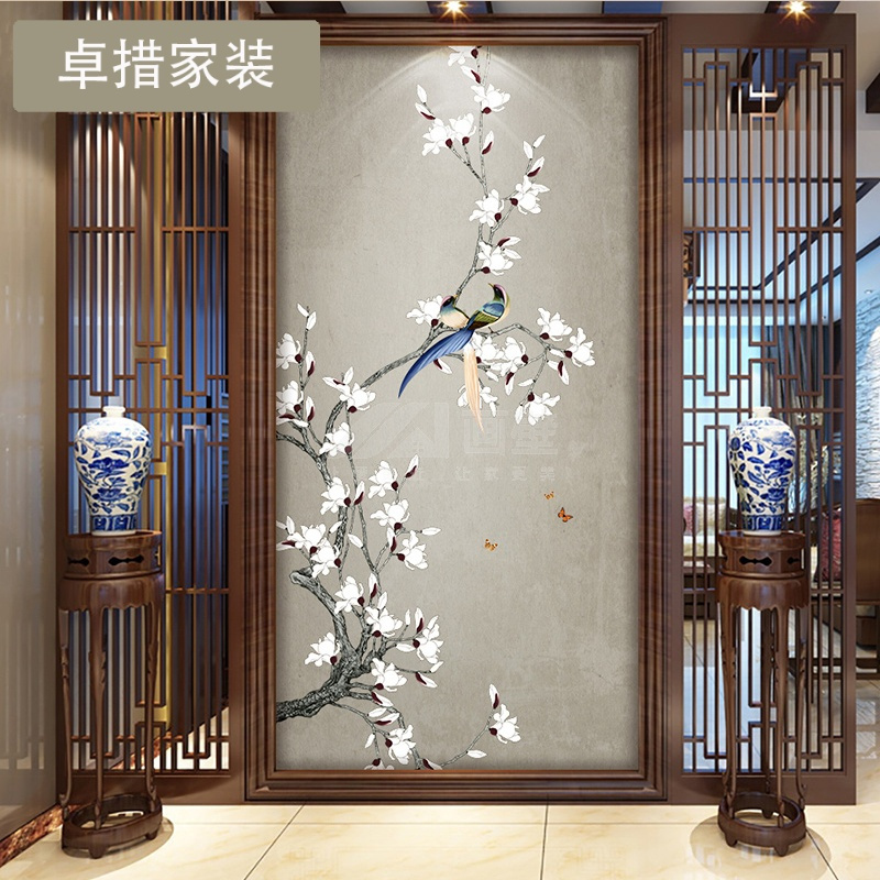 手绘新中式工笔个性玄关花鸟壁纸过道电视背景墙客厅墙纸无缝壁画壹德