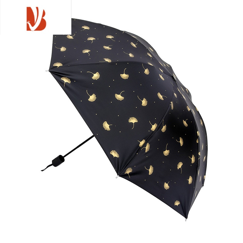 敬平八骨金色叶子黑胶雨伞学生便捷手动折叠晴雨两用遮阳伞非全伞