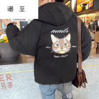 潮至潮至冬季棉衣男女韩版短款棉服面包服学生青少年棉袄子加厚外套男装潮流植物印花连帽带帽棉衣服情侣装