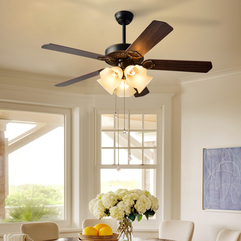 美式风扇灯复古玻璃餐厅风扇吊灯现代简约木质灯吊扇灯
