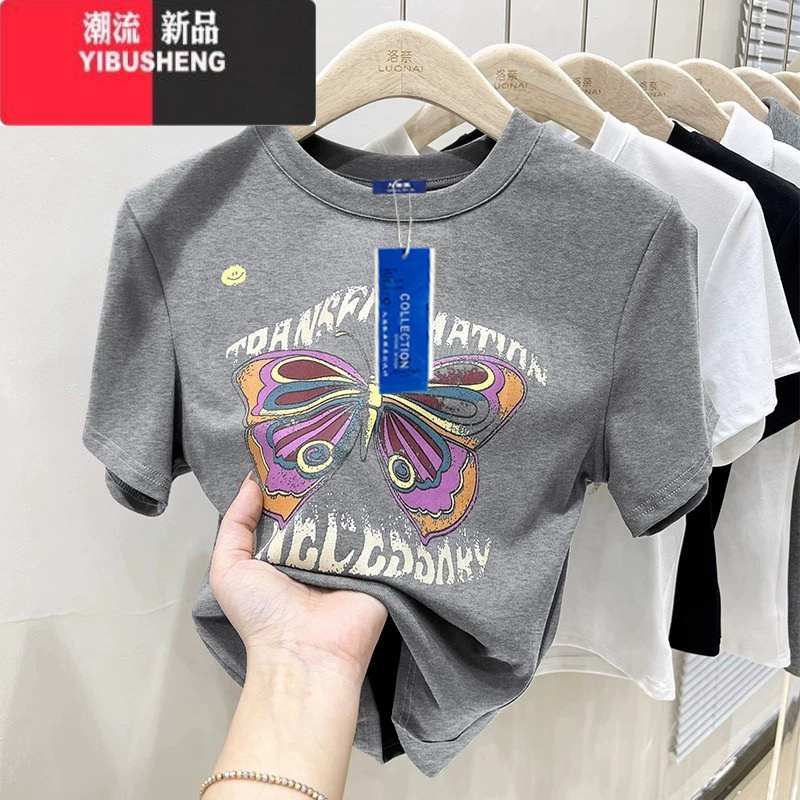 YIBUSHENG欧洲站短袖t恤女欧货季新款潮牌蝴蝶印花短款上衣女半袖