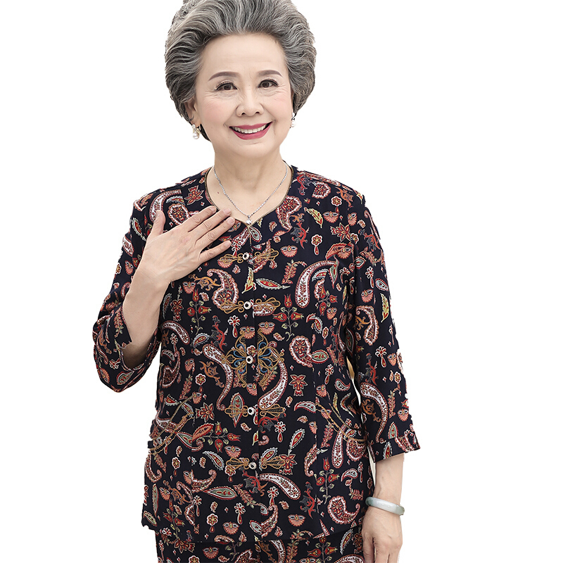 老年人女妈妈两件套衣服奶奶夏装套装6070岁80老人棉绸上衣裤子