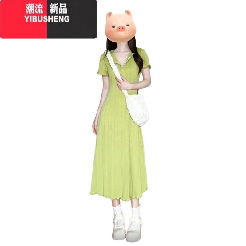 YIBUSHENG茶歇法式气质绿色短袖连衣裙子女季2024新款设计感梨形身材长裙图片