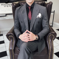 富贵鸟（FUGUINIAO）男士竖条纹双排扣西服套装挺括顺滑修身商务正装韩版西装套装