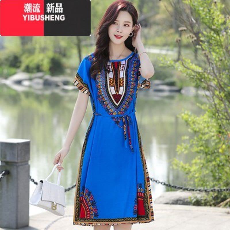 YIBUSHENG中长款民族风睡裙泰国海边沙滩无袖宽松大码遮肉过膝妈妈装连衣裙图片