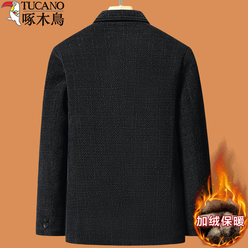 啄木鸟爸爸冬装外套装中年加绒加厚毛呢子西装男中老年人50岁西爸高清大图