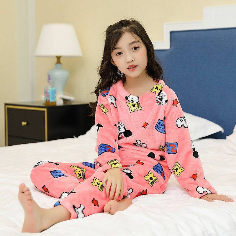 儿童睡衣童装女童男童秋装仿珊瑚绒仿法兰绒睡衣小女孩秋冬季家居服套