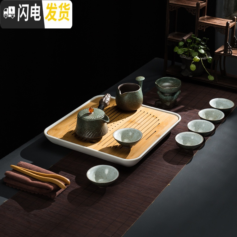 三维工匠日式功夫茶具套装整套茶盘家用简约陶瓷茶杯茶壶粗陶现公客厅 春色枯木壶线条杯茶洗六君子茶叶罐+陶瓷茶盘