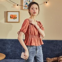 唐狮2021春夏新款短袖女衬衫泡泡袖方领衬衣设计感小众雪纺衫上衣 S 复古橘