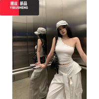 YIBUSHENG休闲运动套装辣妹白色短款斜肩背心女季绑带工装阔腿裤子两子S M 背心