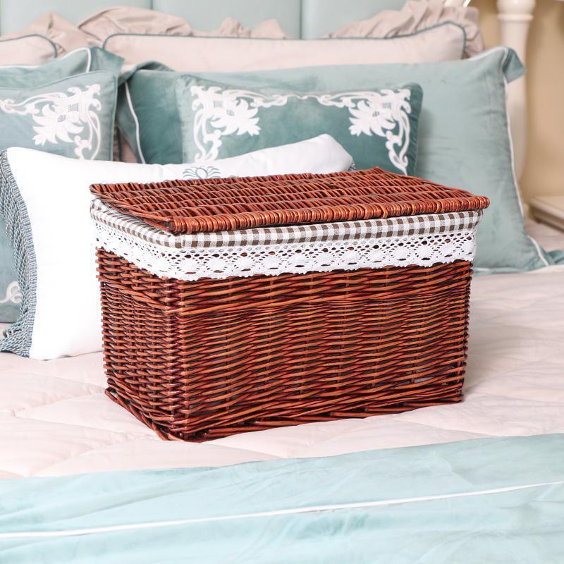 家柏饰(CORATED)大号柳编藤编收纳筐收纳箱藤编筐收纳篮储物篮箱整理箱藤编 带盖棕色+咖格布大号