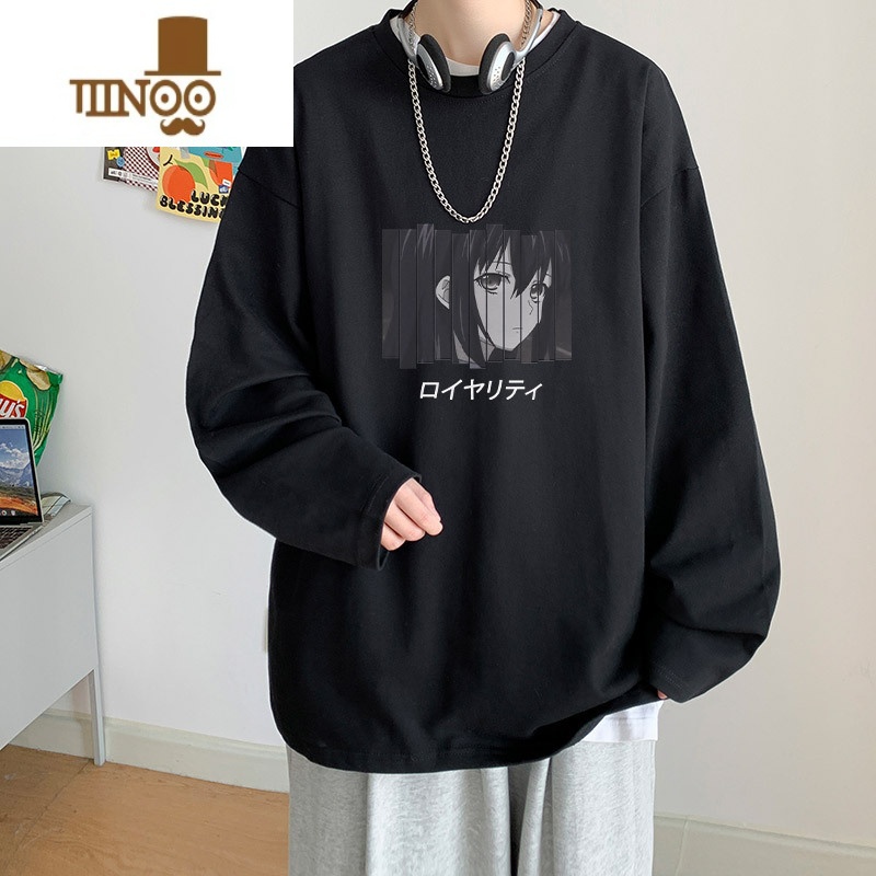 YANXU动漫印花圆领长袖T恤男春季新款日系ins潮牌衣服学生大码上衣